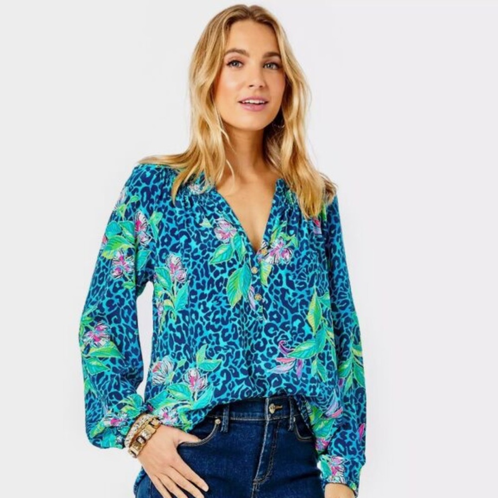 Lilly Pulitzer Formentera Turquoise Hot on the Spot Blue Silk Blouse Top - Picture 2 of 11